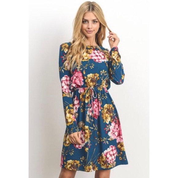 SOLD! 🆕 Teal Floral Print Midi Dress - Picture 2 of 5